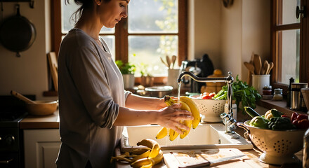 A woman attentively washes fresh bananas under a bright, inviting kitchen faucet, creating a feeling of freshness and health. She looks to be getting ready for a fresh and wholesome day. 