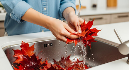 A person gently rinses vibrant red maple leaves in a kitchen sink. The interplay of water, color, and texture creates a visually captivating image. 