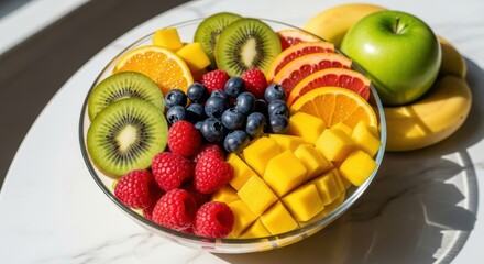Illustration of bowl of fresh fruit salad with raspberries, blueberries, kiwi and oranges