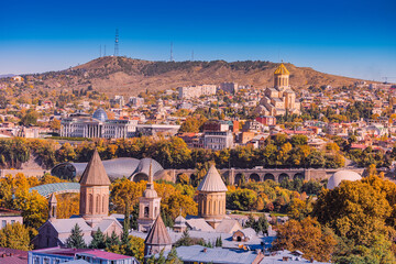 Panoramic view of Tbilisi, Georgia during autumn, showing landma © EdNurg