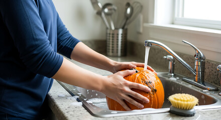 A person meticulously cleans a vibrant pumpkin at a kitchen sink, preparing for festive autumn crafting with a gentle stream of water.