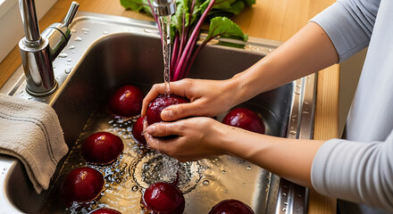Washing fresh beets in a kitchen sink, highlighting the process of food preparation and the beauty of fresh produce.