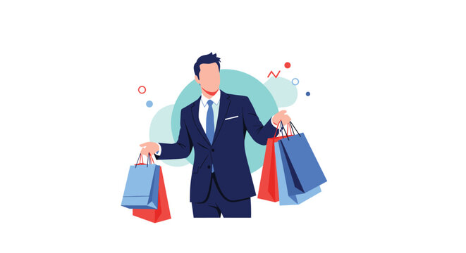 Man in a suit carrying shopping bags, symbolizing consumerism and retail therapy.