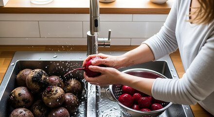 A woman carefully washes fresh beetroots and potatoes in a modern kitchen sink, prepping for a wholesome meal. Showcasing the beauty of fresh ingredients and healthy cooking.