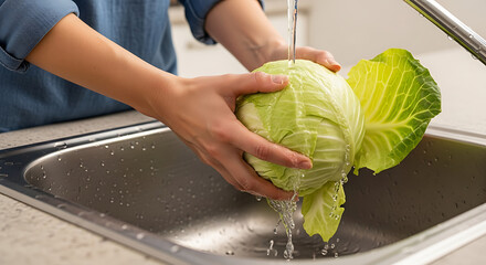 A close-up shot of a person rinsing a fresh, crisp head of cabbage under a flowing faucet, illuminating the purity and freshness of the produce. 