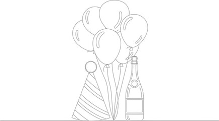 Celebration outline with balloons party hat and champagne bottle illustration