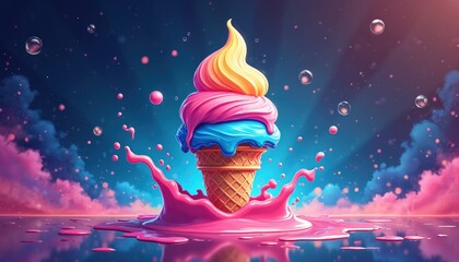 Illustration shows colorful ice cream cone with pink splash on sweet background. Food concept design for kids menu, cafe promo banner. Summer desserts for sale in city park.