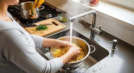 A woman rinses freshly cooked pasta, capturing the essence of culinary preparation in a well-lit kitchen. The photo radiates warmth and hints at the comfort of a home-cooked meal.