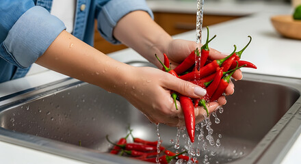 Close-up view of hands washing red chili peppers under running water in a stainless steel kitchen sink, showcasing freshness and culinary preparation.