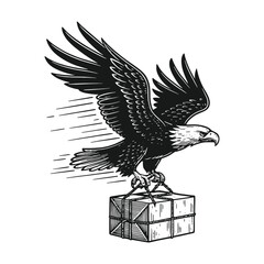 Fototapeta premium Vintage monochrome etching of a fast-flying bald eagle carrying a delivery box, symbolizing rapid shipping, courier service, and delivery solutions in a retro vector illustration.