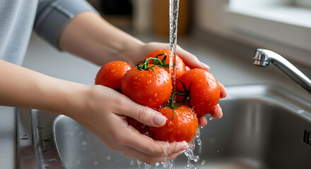 A close-up shot of a person carefully washing ripe, vibrant tomatoes under a stream of clean water in a kitchen sink, emphasizing freshness.
