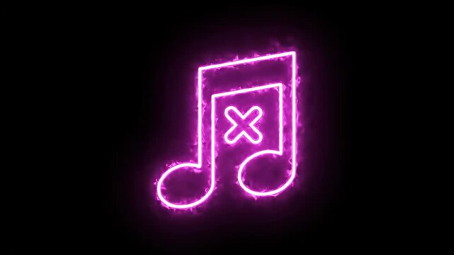 Neon No Sound  Pink musical note icon with an X on a black background.