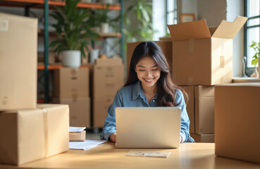Asian woman works on laptop in warehouse full of packages. She happily manages online store orders, prepares items for shipping, runs her own e-commerce business. Small business owner at work.