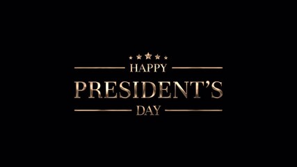 Golden particles reveal a President’s Day greeting with elegant metallic typography on a transparent background. 4K video