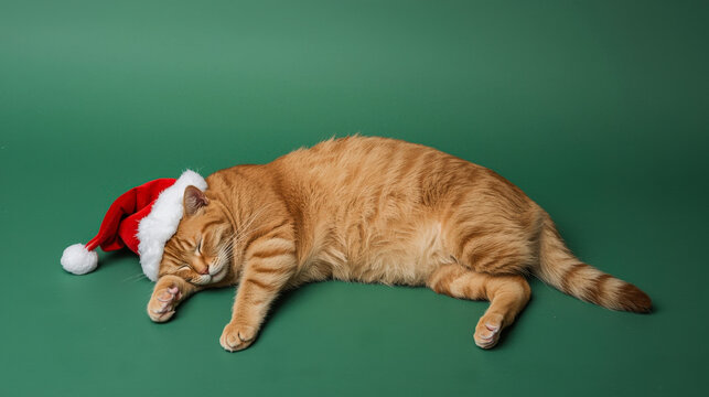 Sleeping chubby ginger cat wearing a Santa hat. Funny "food coma" or relaxation concept on green background.