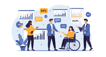 Diverse team collaborating on data charts with people in a wheelchair.