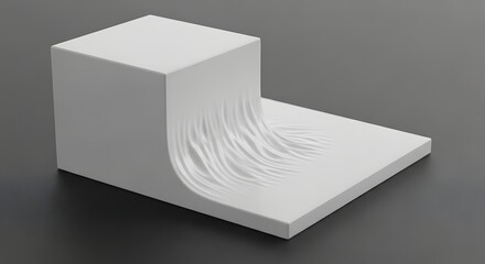 Abstract white cube with cascading strands on a gray surface, creating a minimalist and artistic composition.