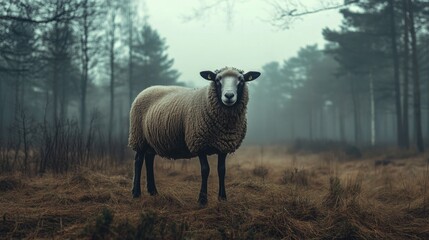 Fototapeta premium Sheep graze in a field in the fog with a forest around