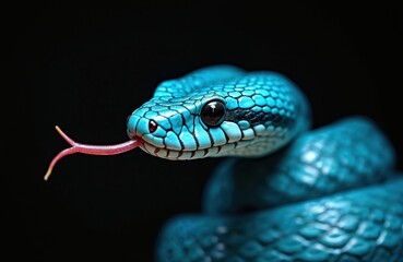 Obraz premium Bright blue viper snake sticks out its pink tongue. Reptile has black eyes and patterned scales. Serpent coils in darkness. Danger, wild nature.