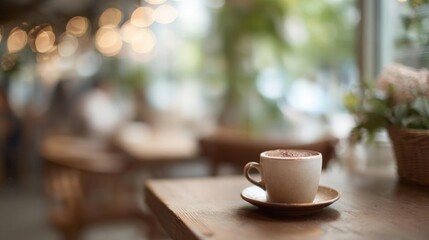 Obraz premium Cup of coffee on a wooden table in a cafe or restaurant. the cup is white with a saucer and is filled with a dark brown liquid, which appears to be a latte or cappuccino.