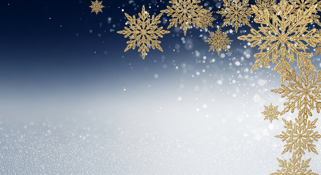 Sparkling gold snowflake on gradient blue background, symbol of winter, holiday celebration, and festive mood, backdrop for seasonal message, free space