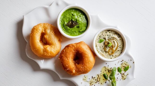 Two savory medu vada served with green and white chutney