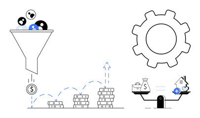 Financial growth. A funnel shows customer filtering and investment growth. Financial growth include automation, user acquisition, wealth management, fintech solutions, and business processes