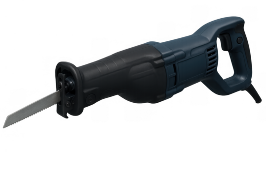 Reciprocating saw with a sharp blade, representing demolition, renovation, and construction work, featuring a transparent background