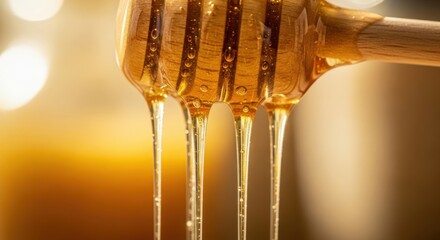 Illustration of closeup of honey dripping from a wooden dipper on blurred background