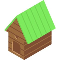 Isometric Wooden Dog House with Bright Green Roof and Simple Doorway on Transparent Background Clean Design Element