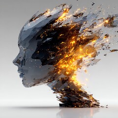 Modern technology-inspired artwork of a glass head exploding from inside with flowing fire