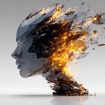 Modern technology-inspired artwork of a glass head exploding from inside with flowing fire