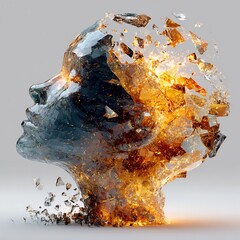 Abstract glass human head shattering outward with fiery glowing energy and sparks