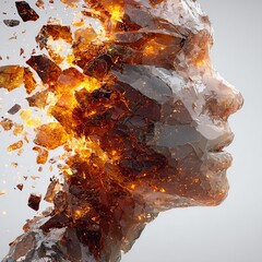 Abstract glass human head shattering outward with fiery glowing energy and sparks