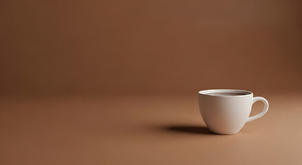 White ceramic coffee cup with dark beverage on monochromatic brown background