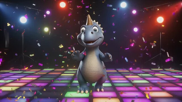 Cute 3D cartoon dinosaur character with a golden horn happily dancing on a colorful disco floor with confetti, perfect for kids' entertainment and birthday party promotions.