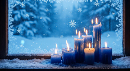 Burning blue candle on snowy windowsill with frost. Representative of winter holiday, providing warm light in cold weather, festive mood