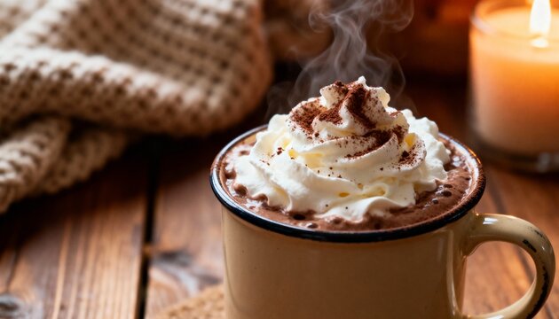 Hot chocolate topped with whipped cream and cocoa dusting in a cozy winter setting