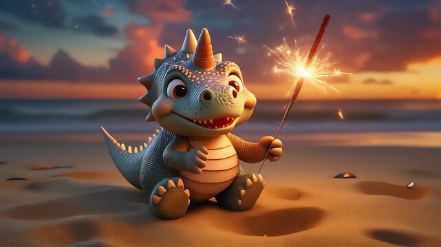 Highly detailed 3D animated baby dinosaur sitting on a sandy beach holding a bright sparkling firework during a beautiful sunset, ideal for holiday celebration videos and kids' cartoons.