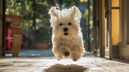 A fluffy white dog joyfully leaps forward, bathed in the warmth of the sun. The dog's fur catches the light, highlighting its energy as it bounds happily along a brick path.