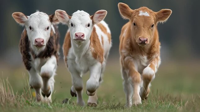 Three adorable baby cow running together in a green pasture