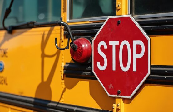 Red octagonal STOP sign and flashing red light attached to side of yellow school bus. Visible portion of side window reflects sunlight, casting shadows on the vehicle exterior.