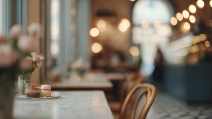 Close-up of a table in a restaurant or cafe. the table is covered with a white marble tablecloth and has a vase of pink flowers on the left side.
