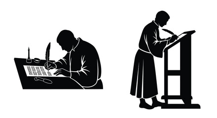 Two figures engaged in scholarly activities writing and reading