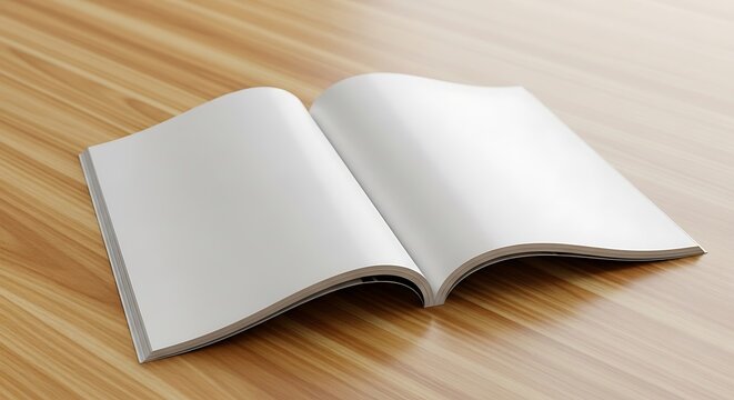Open blank magazine or book with white pages on a wooden table, ideal mockup for design projects, publishing layouts, or custom content
