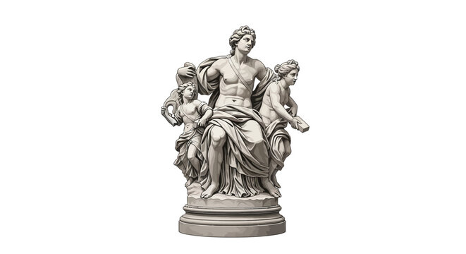 Classical sculpture depicting a seated figure with two accompanying cherubic figures