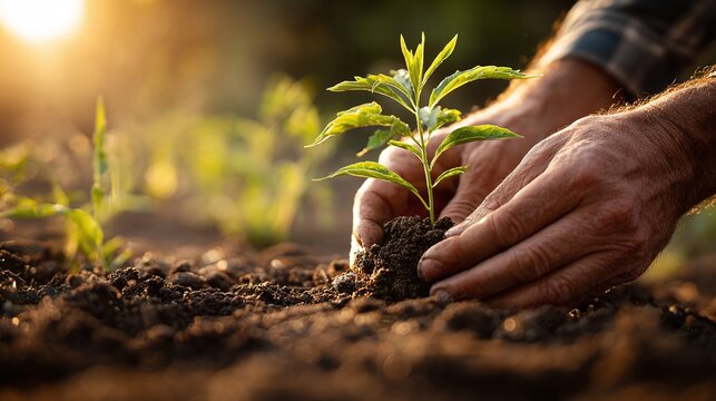 Nurturing a new plant in sun-kissed soil, farmer's hands gently planting seedling. Symbol of growth, care, and connection to nature. Cultivating a greener future.