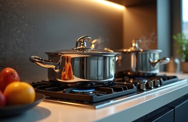 Shiny metal pots cook on gas stove. Modern kitchen counter with clean cookware. Healthy food prep in stylish home interior. Culinary cooking process.