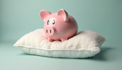 Pink piggy bank rests on soft pillow. Concept of cushioned savings, financial security. Protecting investments from recession, crisis, market downturn. Wealth management builds safety net for secure
