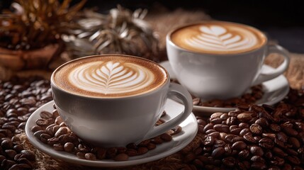 Two cups of coffee artfully presented with scattered beans create a warm, inviting scene, perfect for enjoying a quiet moment with the rich aroma of freshly brewed beverage.